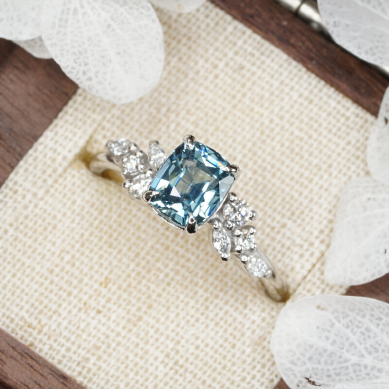 Cushion icy blue sapphire and diamond floral ring — 2