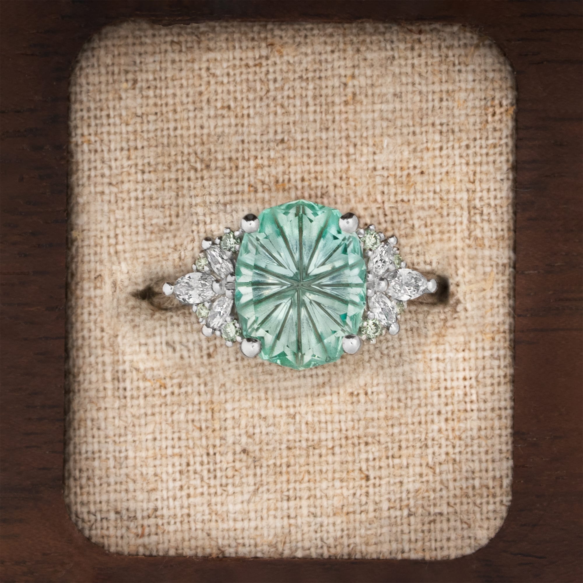 'Oval Muse' Fantasy cut lab grown mint sapphire and diamond ring