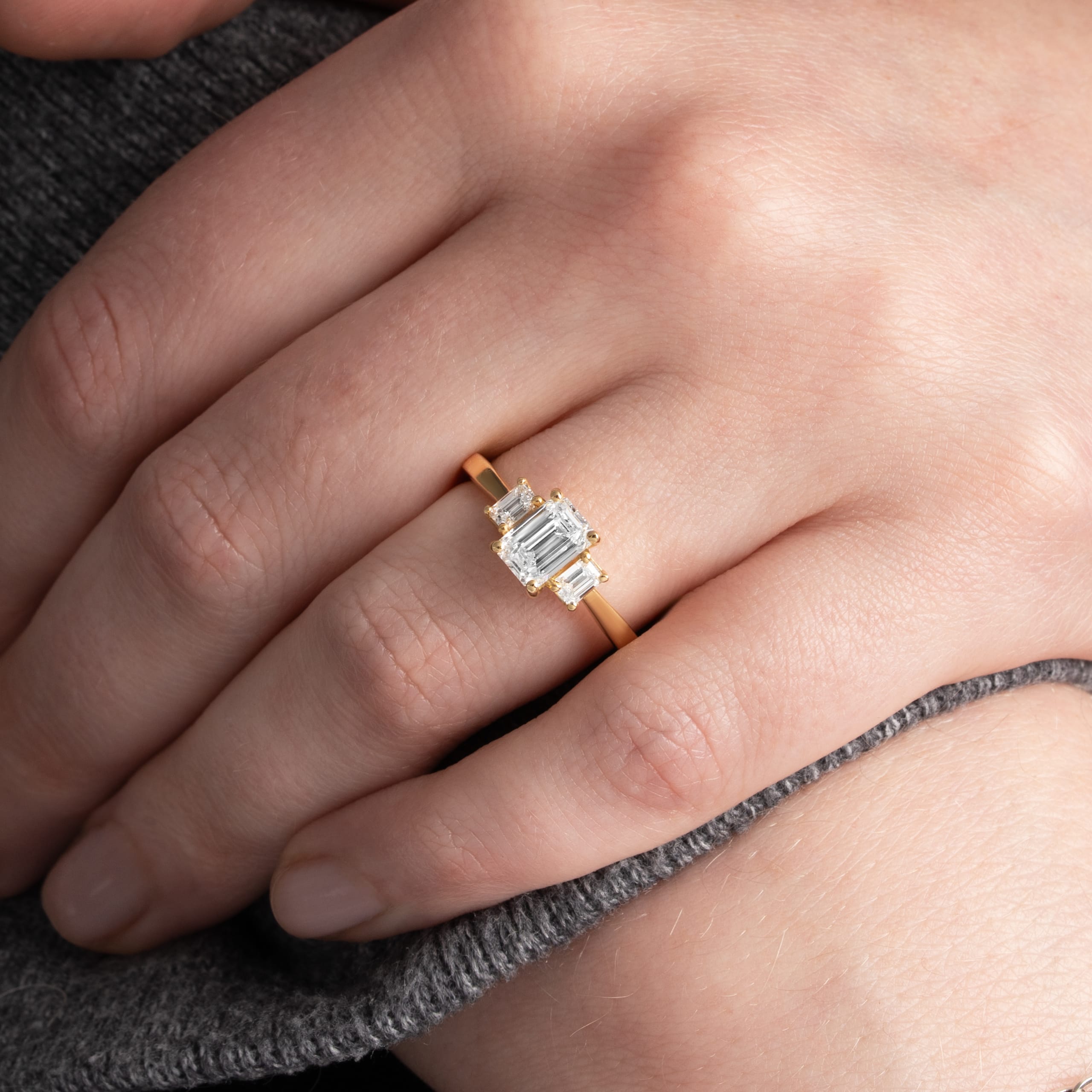 Emerald cut lab grown diamond trilogy ring — 6