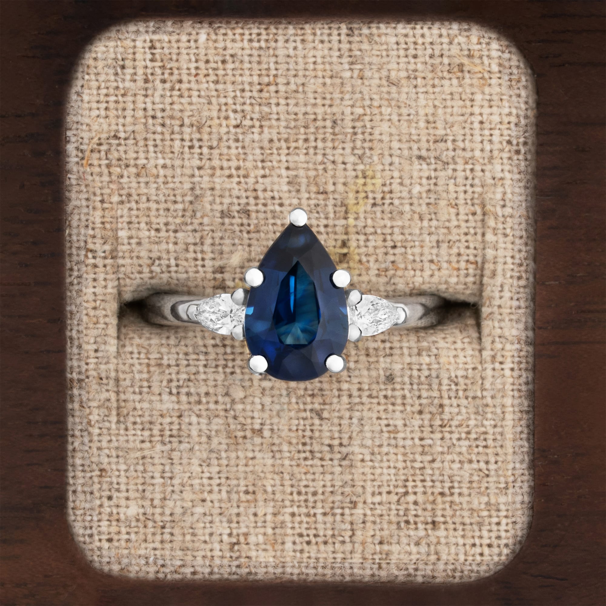 Royal Blue Pear Sapphire and Diamond Trilogy in Platinum