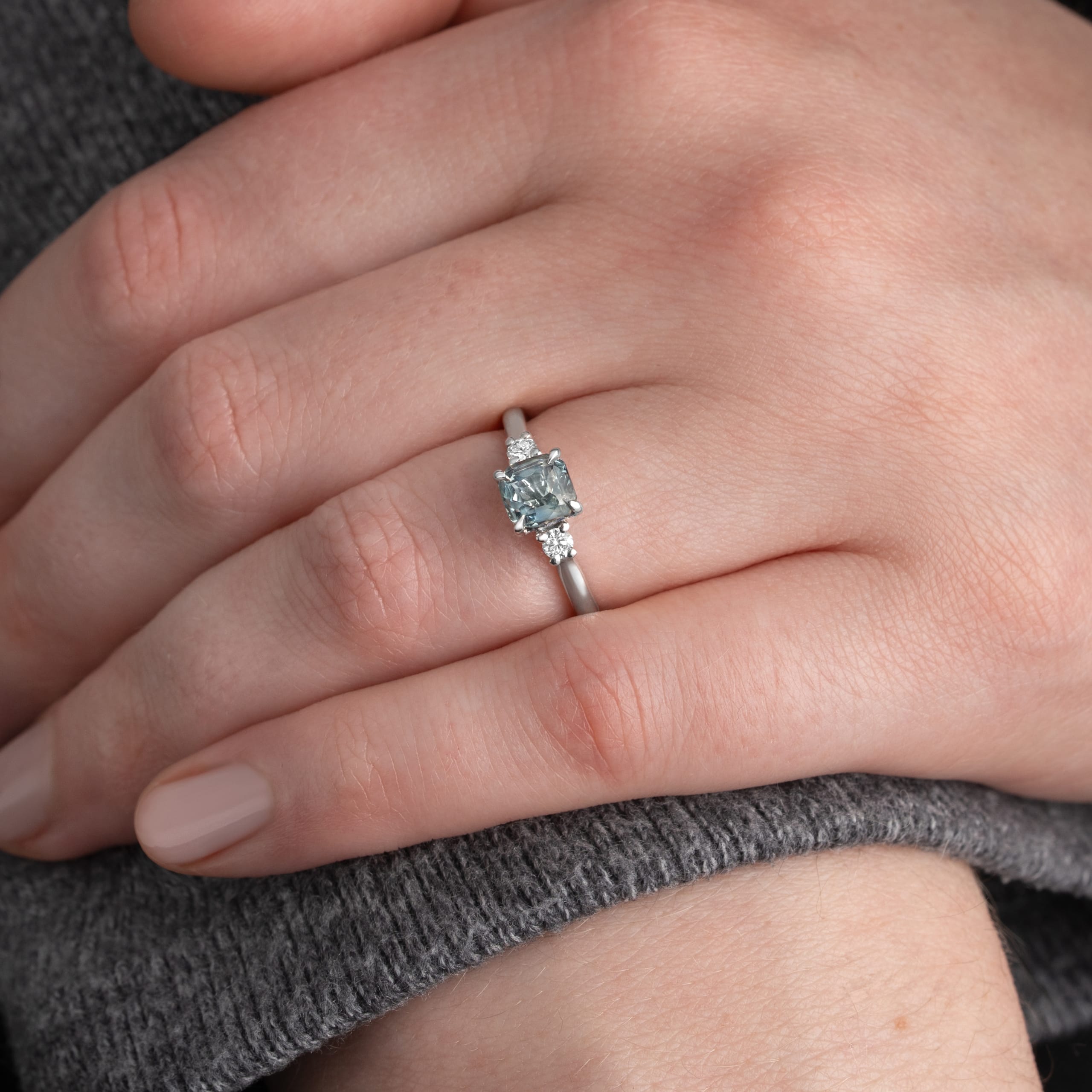 Antique cut icy teal sapphire and diamond ring — 4