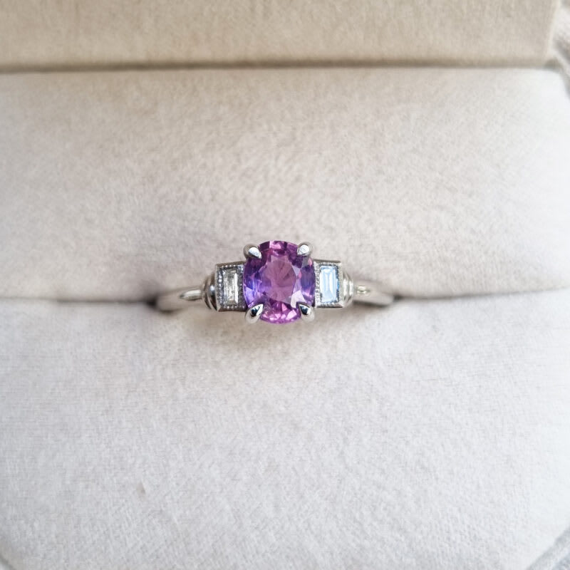 Cushion pink and purple sapphire and diamond art deco inspired ring — 1