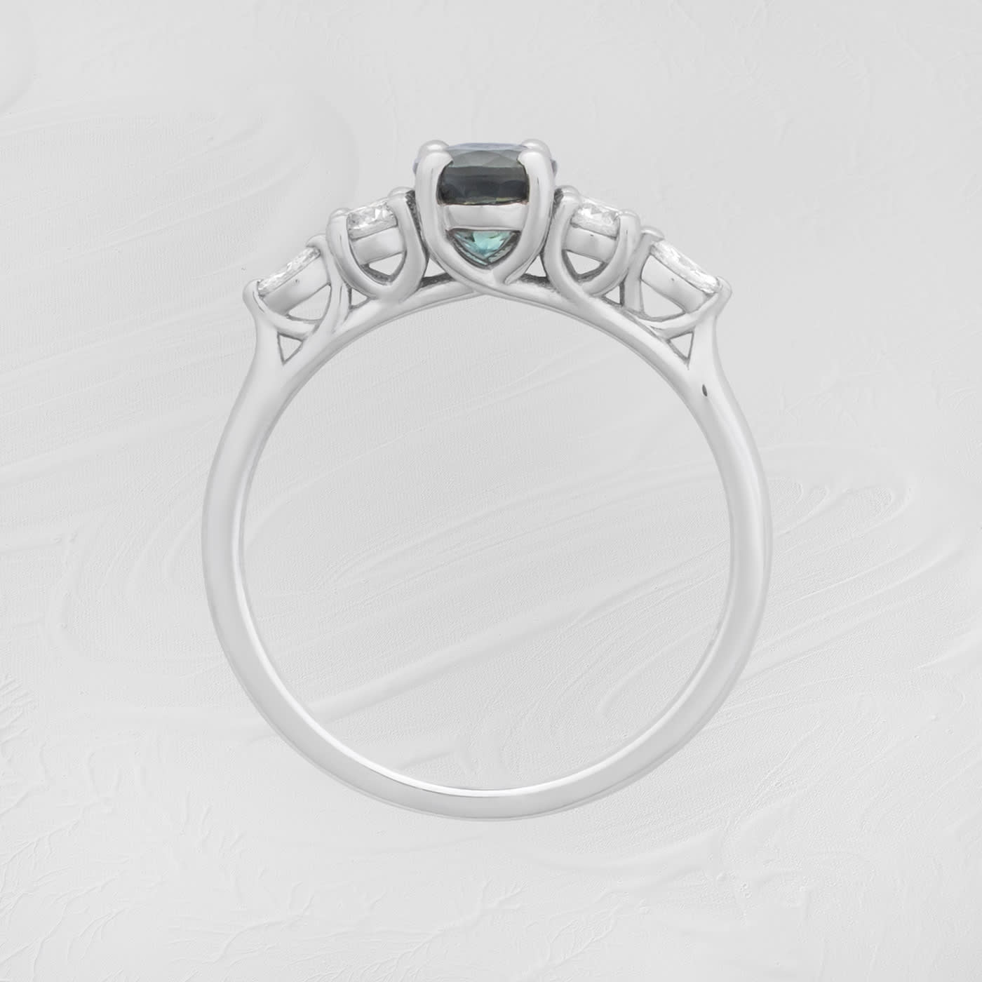 Oval teal sapphire and diamond trellis ring  — 2