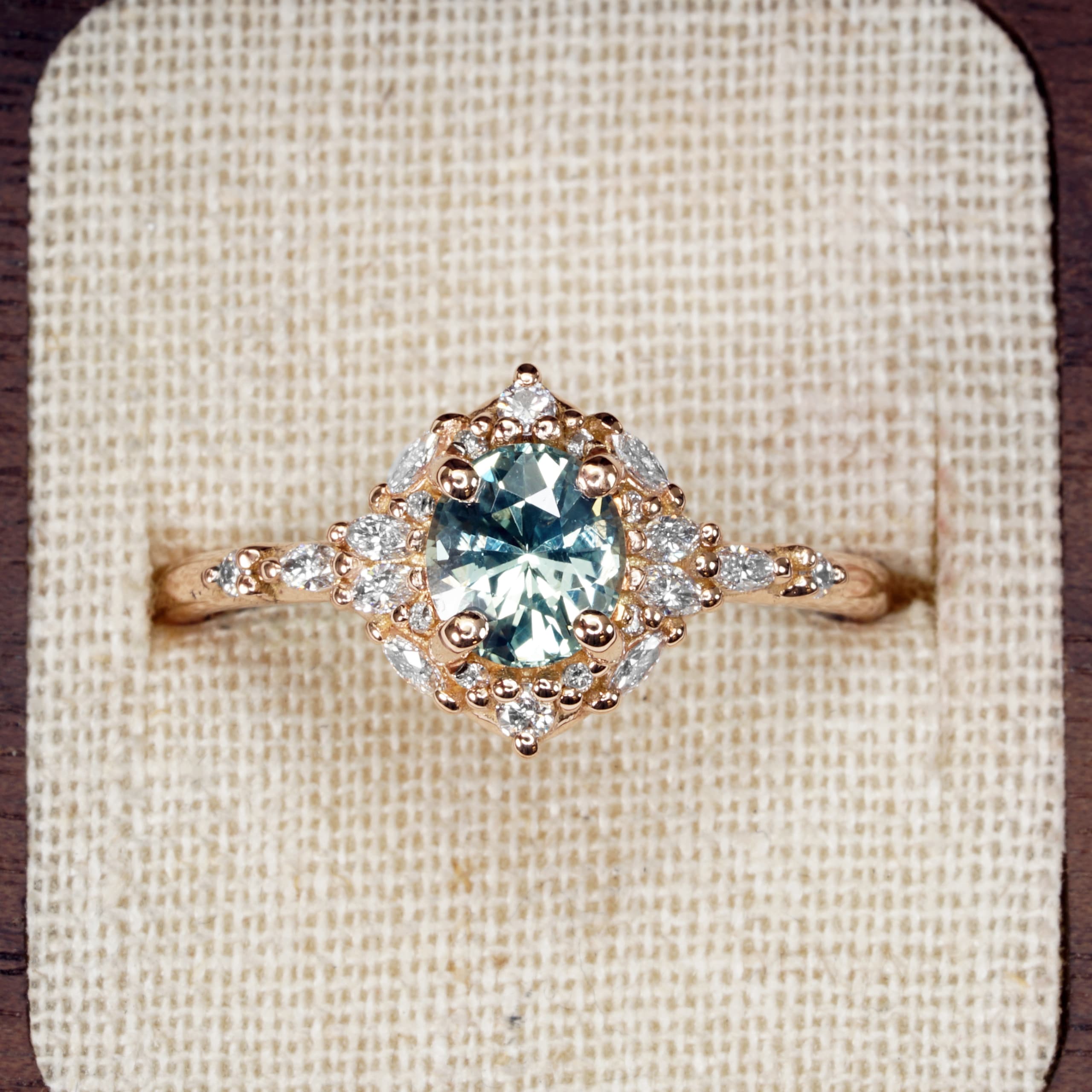 'Elderwood' Icy teal sapphire and diamond ring — 1