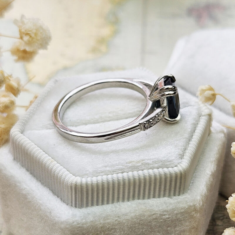 Emerald cut deep teal sapphire and diamond ring — 2