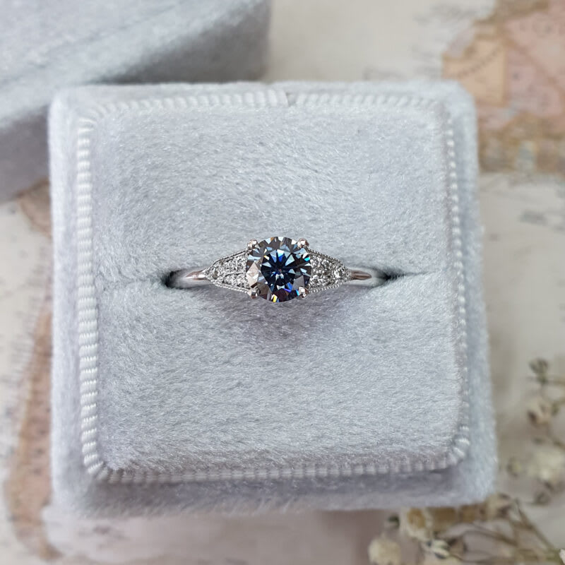 "The Victoria" - Midnight grey moissanite and diamond 1920s inspired ring