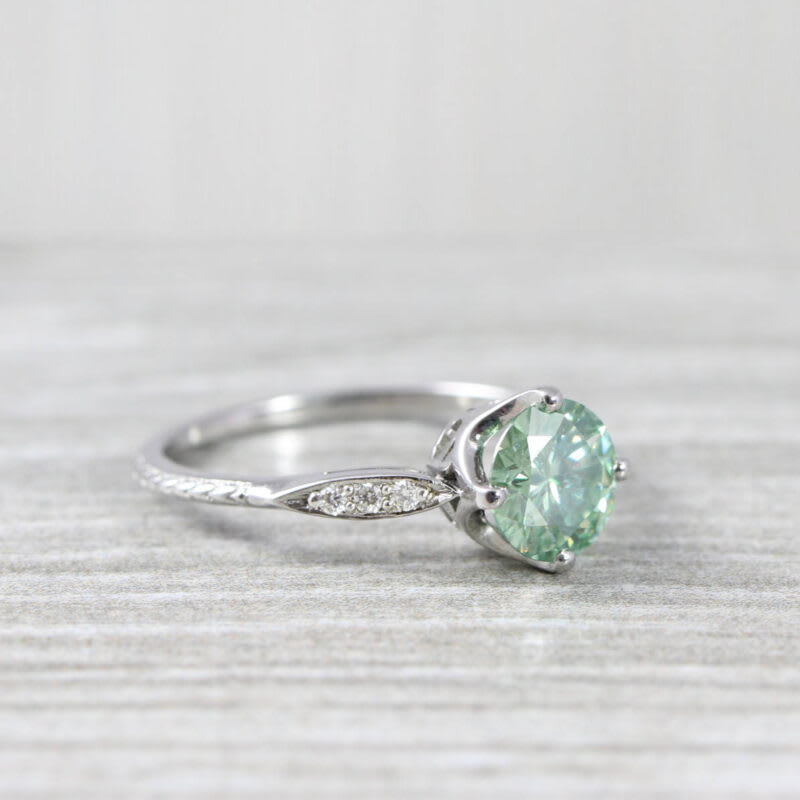 Mint green moissanite and diamond art deco ring  — 2