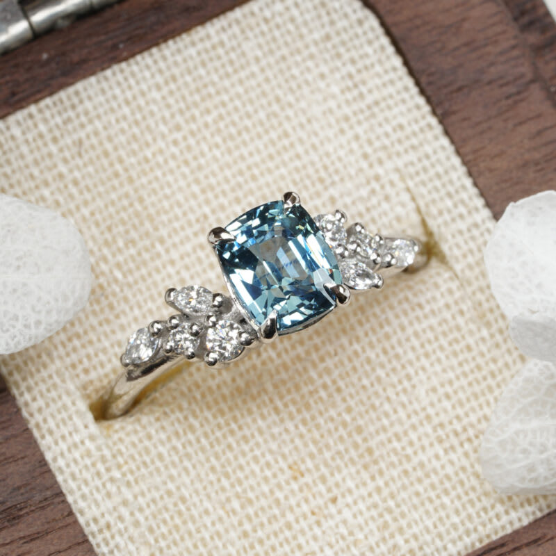 Cushion icy blue sapphire and diamond floral ring — 1