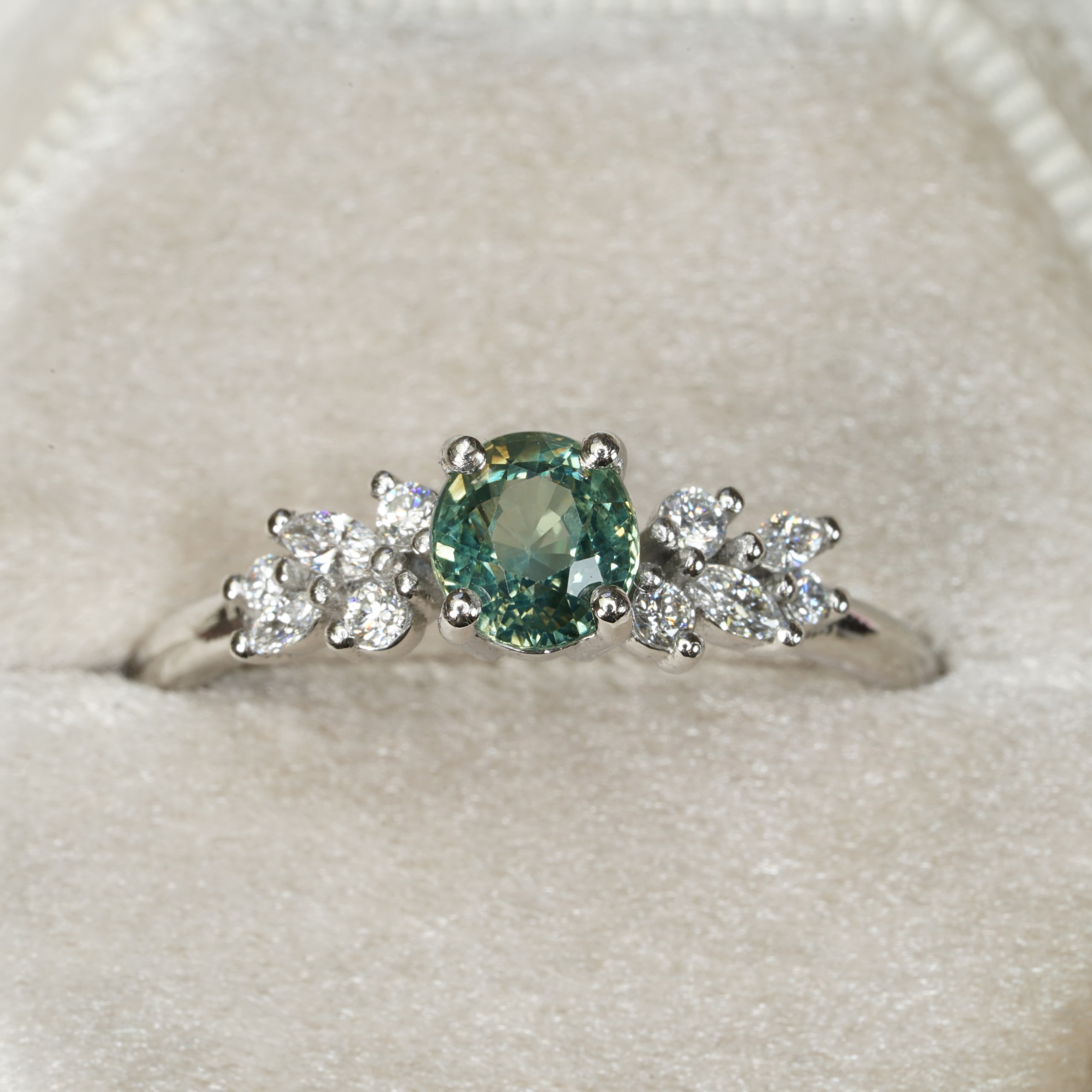 Green sapphire and lab diamond floral ring — 2