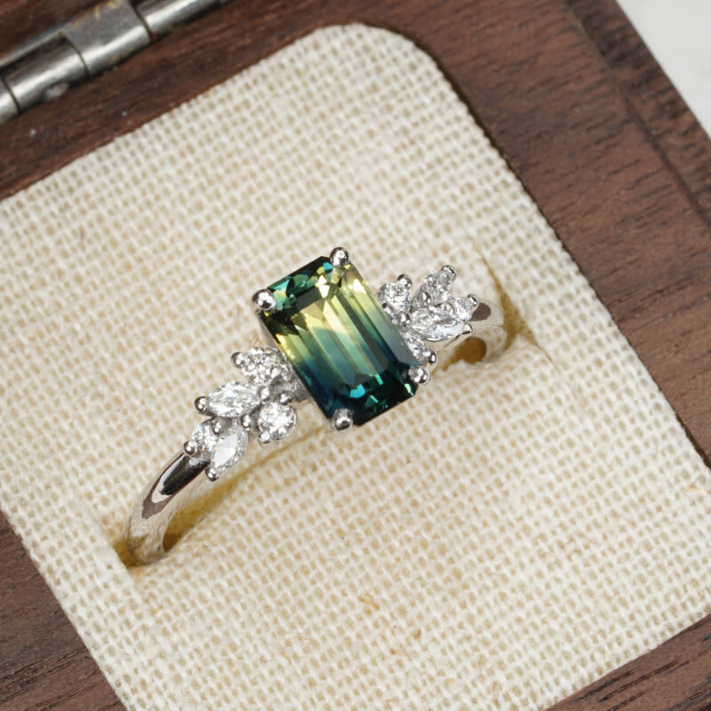 Emerald cut parti sapphire and diamond floral ring — 3
