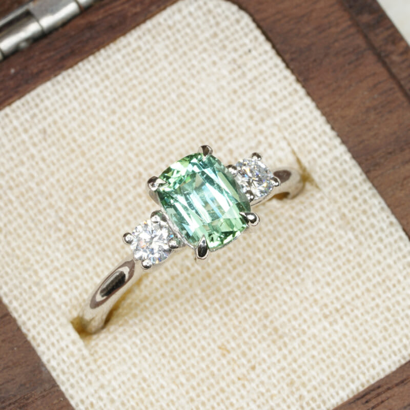 Cushion cut mint tourmaline and diamond trilogy ring — 2