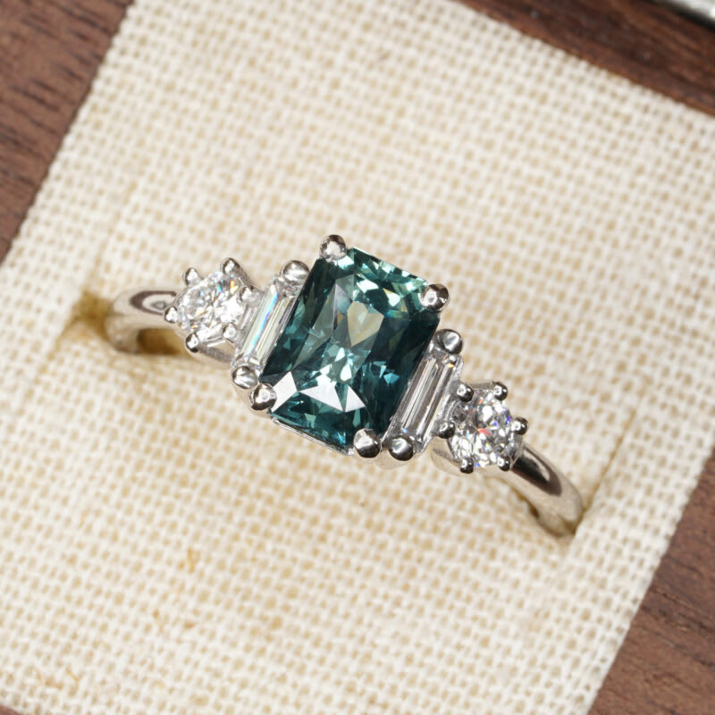 Art deco teal sapphire and lab grown diamond ring — 2