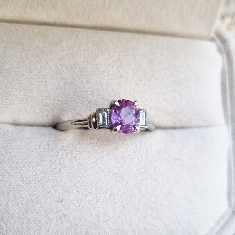 Cushion pink and purple sapphire and diamond art deco inspired ring — 4