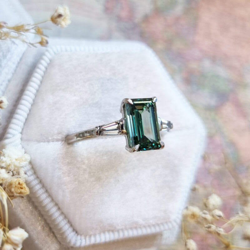 Lab grown forest green diamond trilogy ring in platinum — 5