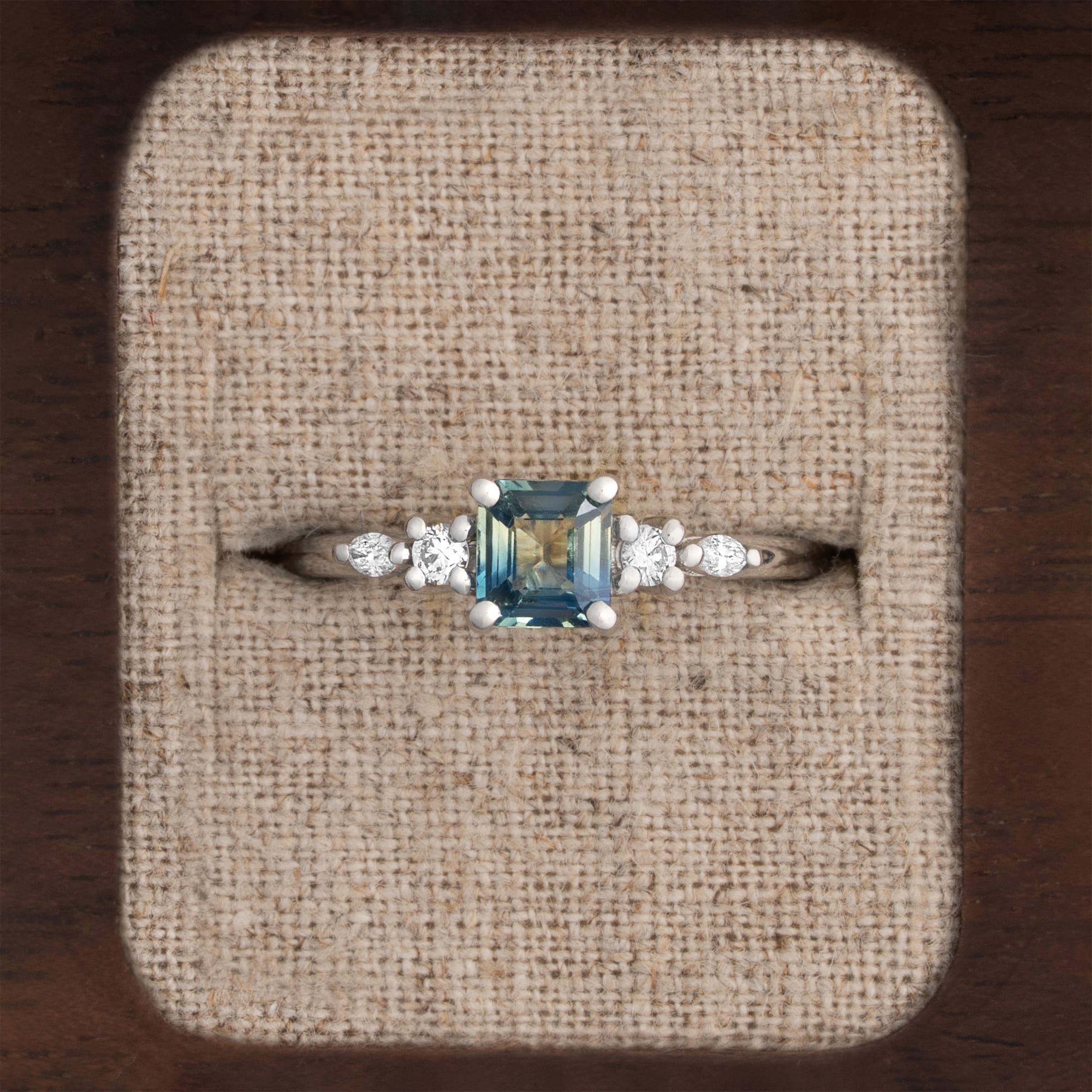 Octagon teal sapphire and diamond ring 