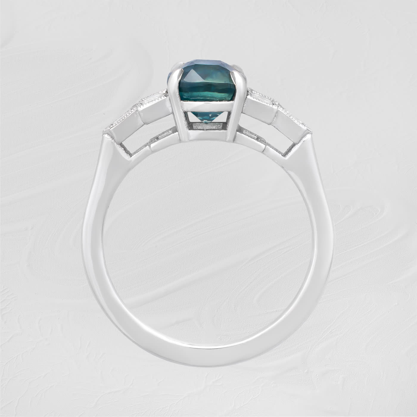 Cushion teal sapphire and baguette diamond ring — 5