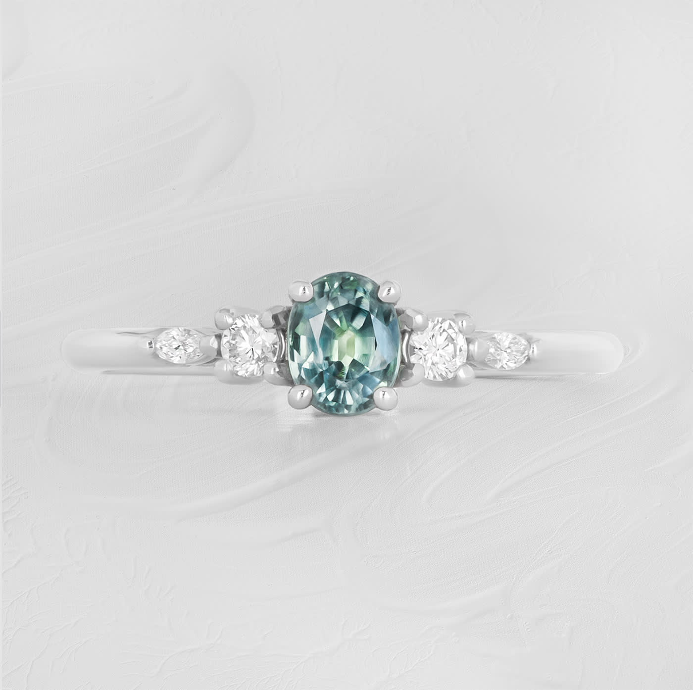 Icy teal sapphire and diamond ring — 1