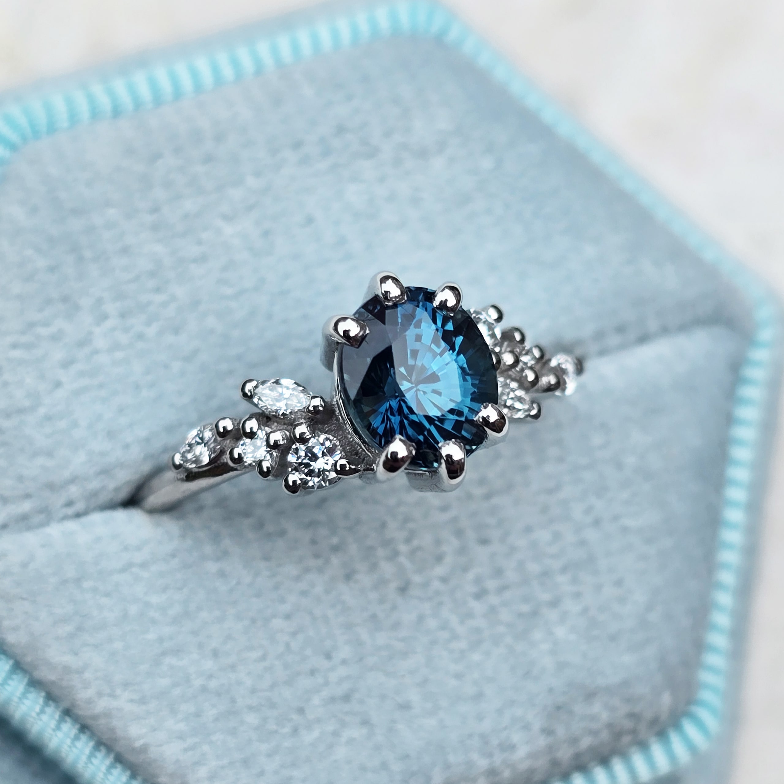 Ocean teal sapphire and lab grown diamond floral ring — 2