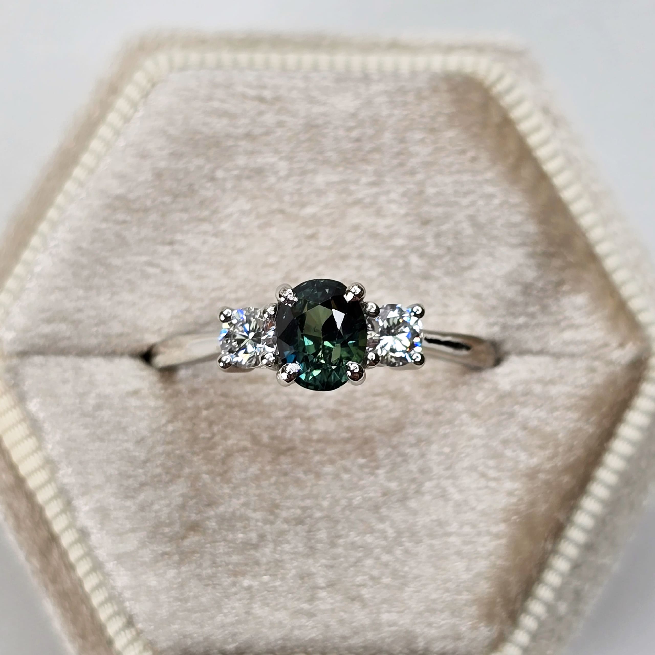 Cushion cut teal sapphire and diamond trilogy ring — 3