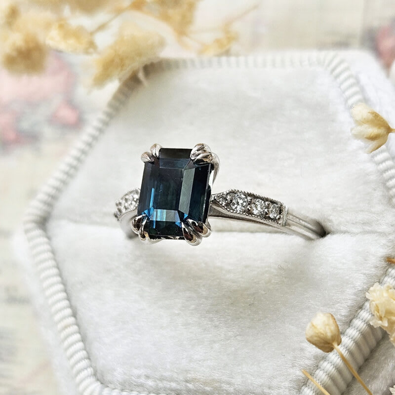Emerald cut deep teal sapphire and diamond ring — 4