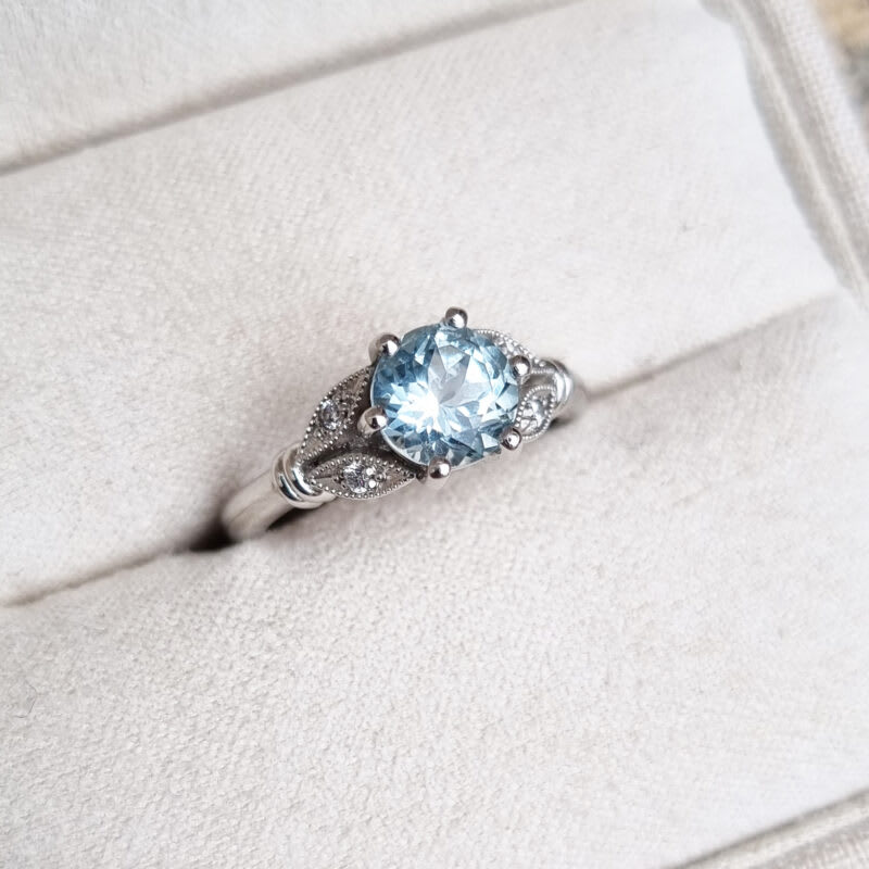 Aquamarine and diamond antique inspired ring — 5