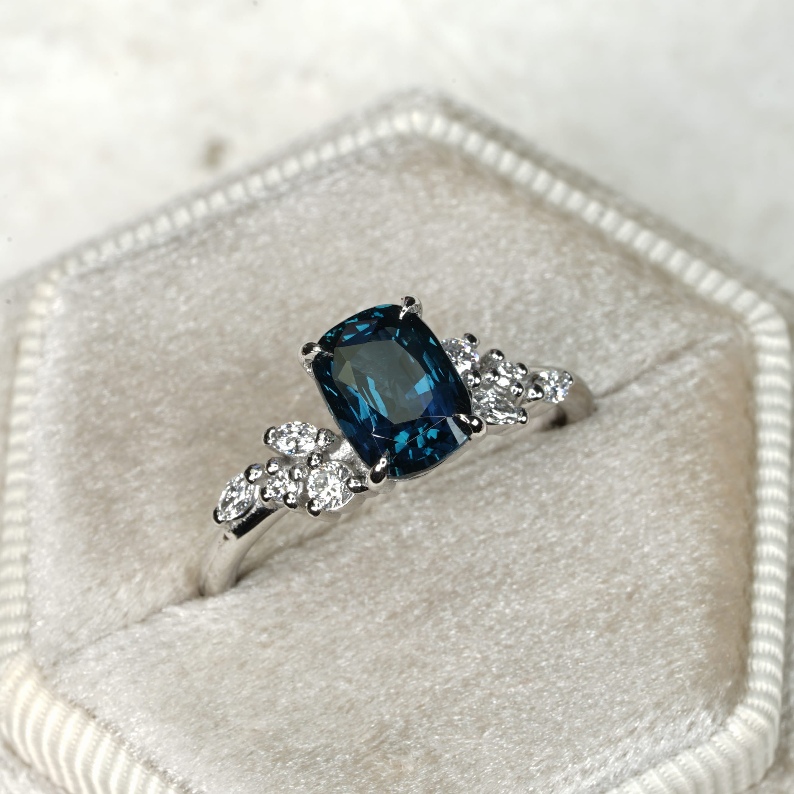 Cushion cut peacock blue sapphire and diamond ring — 3