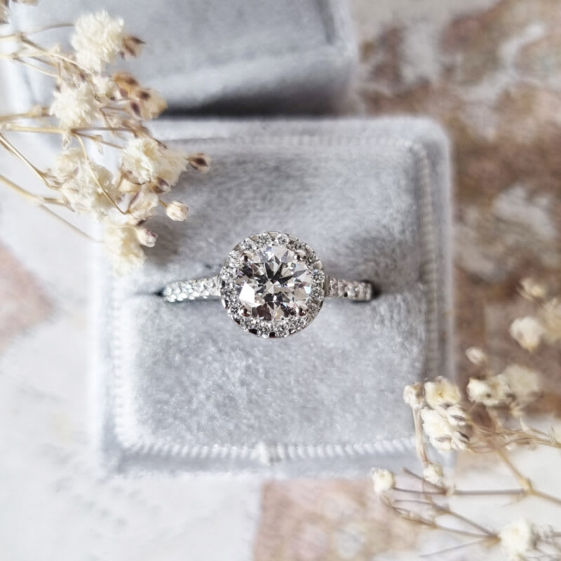 Round cut lab grown diamond halo ring — 1