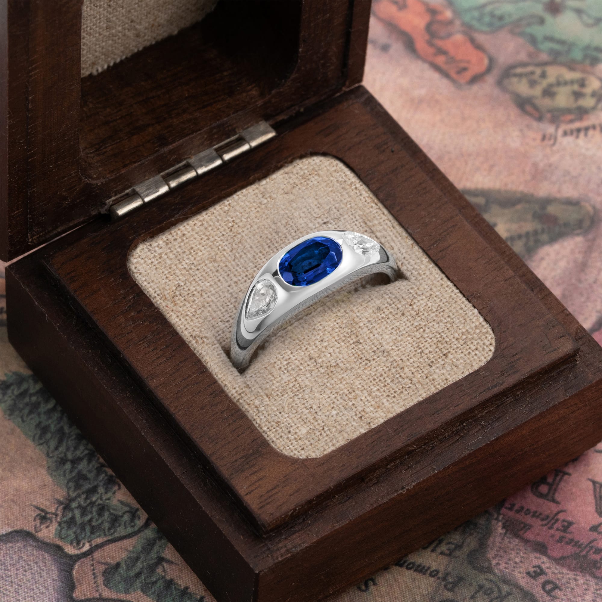 Lab sapphire and diamond bezel set ring  - alternate view