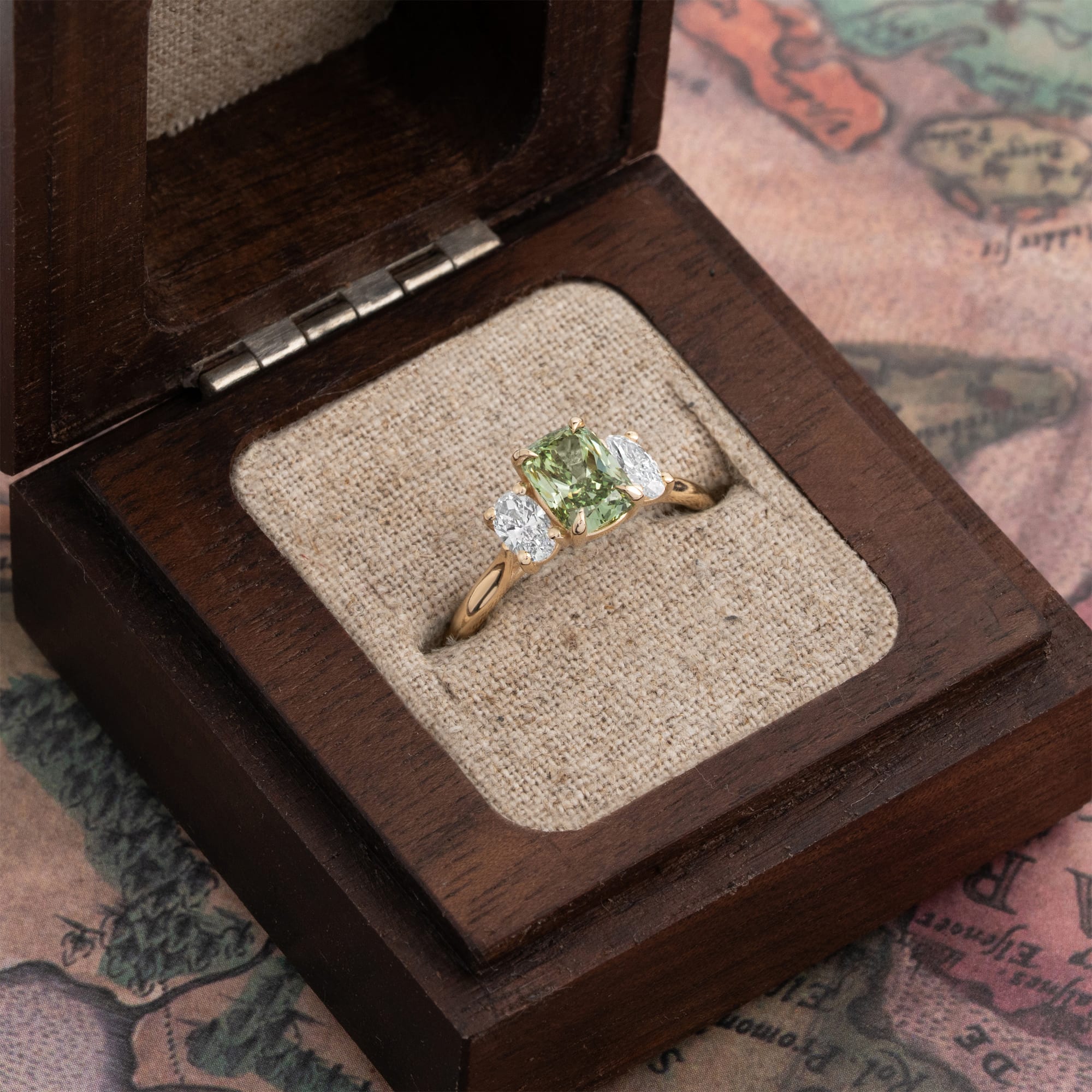 'Felicity' Cushion green diamond trilogy ring — 3