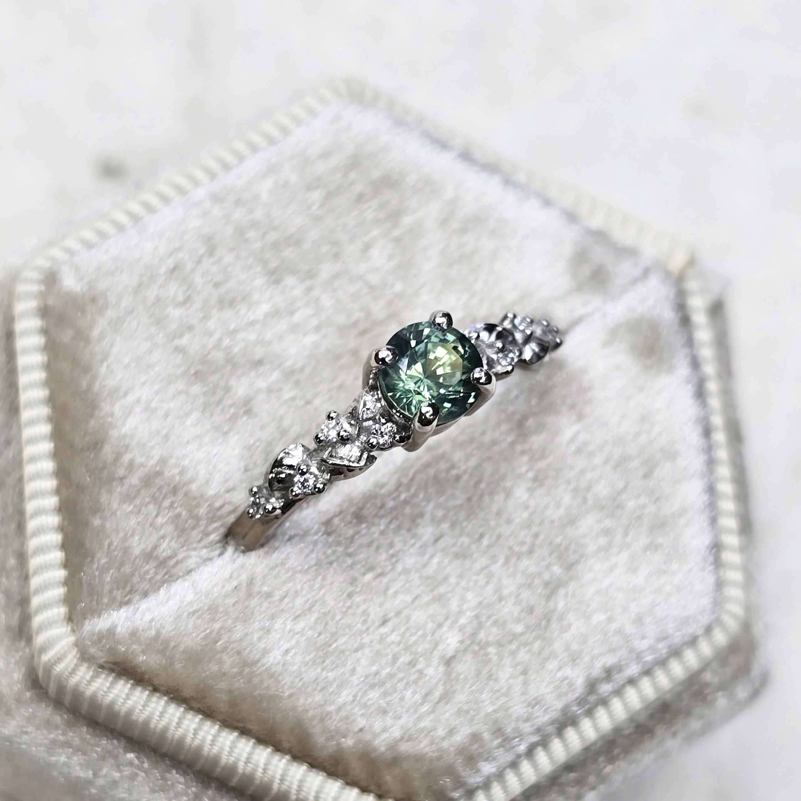 Teal sapphire and diamond nature inspired ring — 2