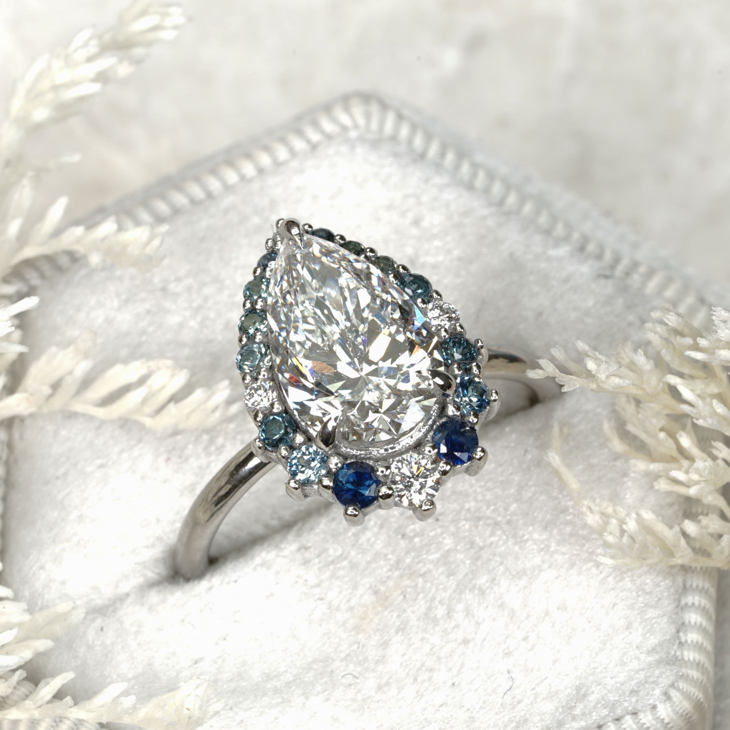 Pear diamond and sapphire halo ring — 2