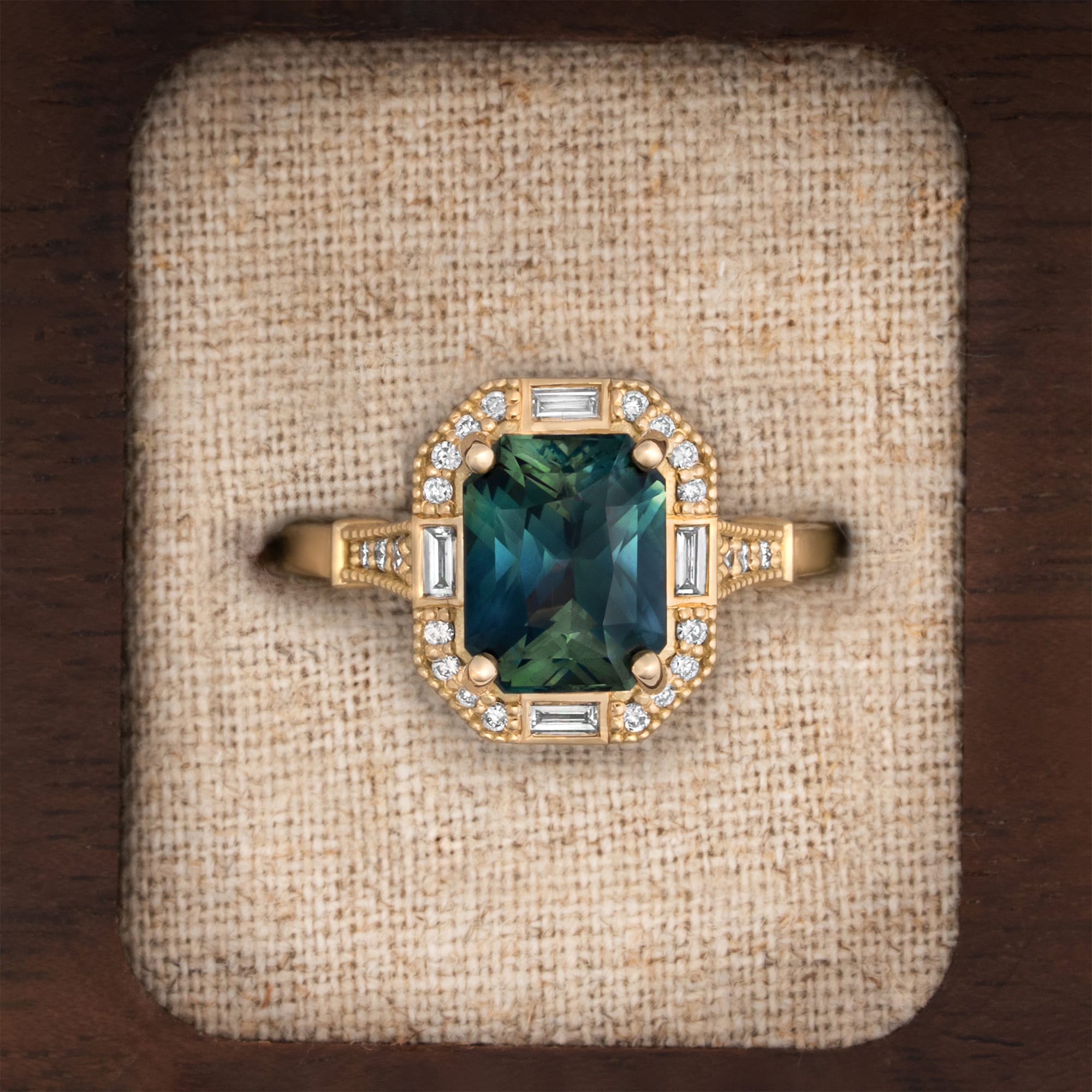 Antique inspired radiant teal sapphire and diamond ring — 1