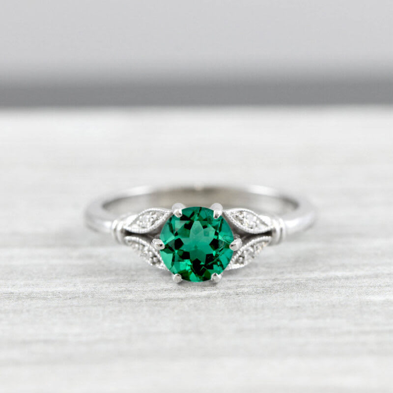 Lab grown emerald and diamond round engagement solitaire nature inspired leaf floral ring in gold handmade for her uk — 1