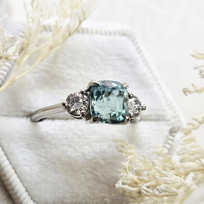 Cushion cut icy blue tourmaline and diamond trilogy ring — 5