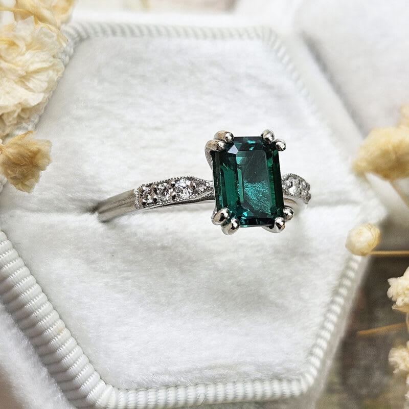 Lab grown emerald and diamond antique inspired ring - alternate view