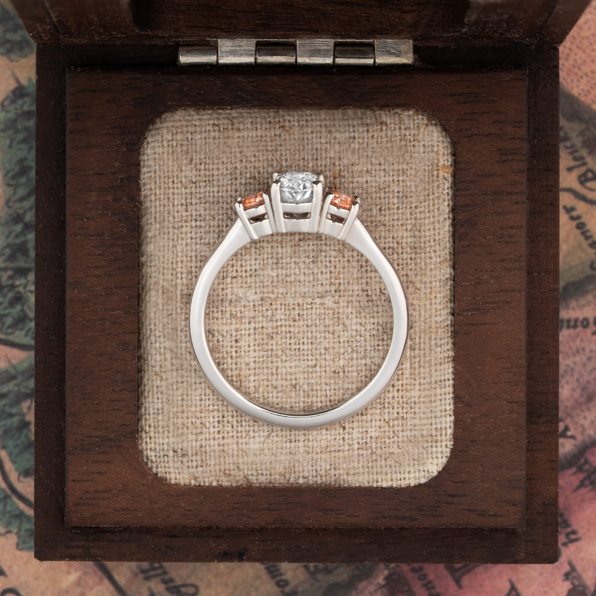 Lab grown champagne pink diamond trilogy ring in platinum — 4
