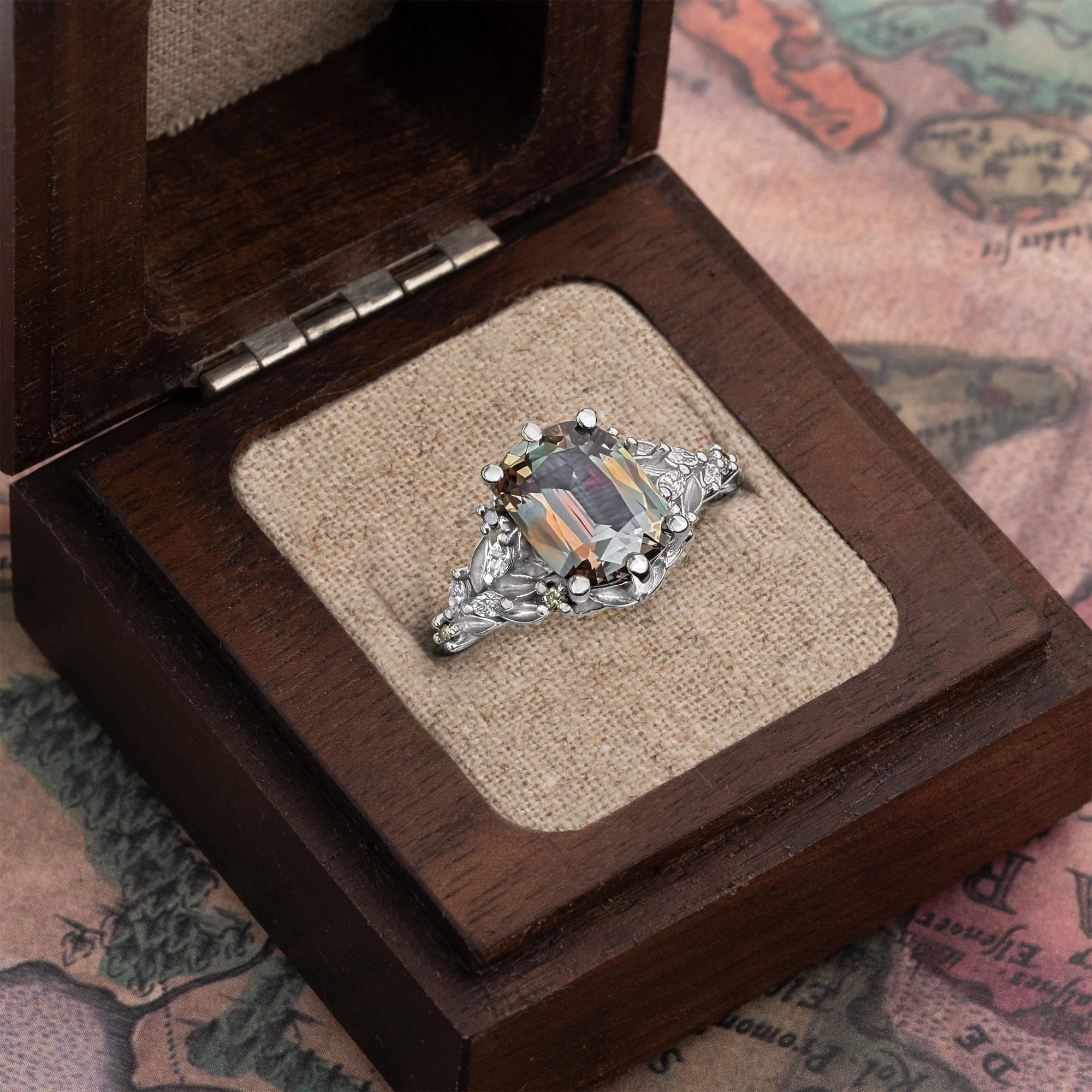 'Aurelyn' Unique Cushion cut sapphire and olive diamond ring in platinum  — 3