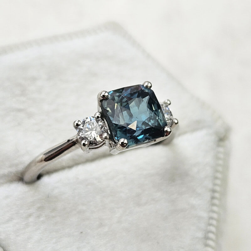 Radiant cut teal sapphire and diamond trilogy ring — 2