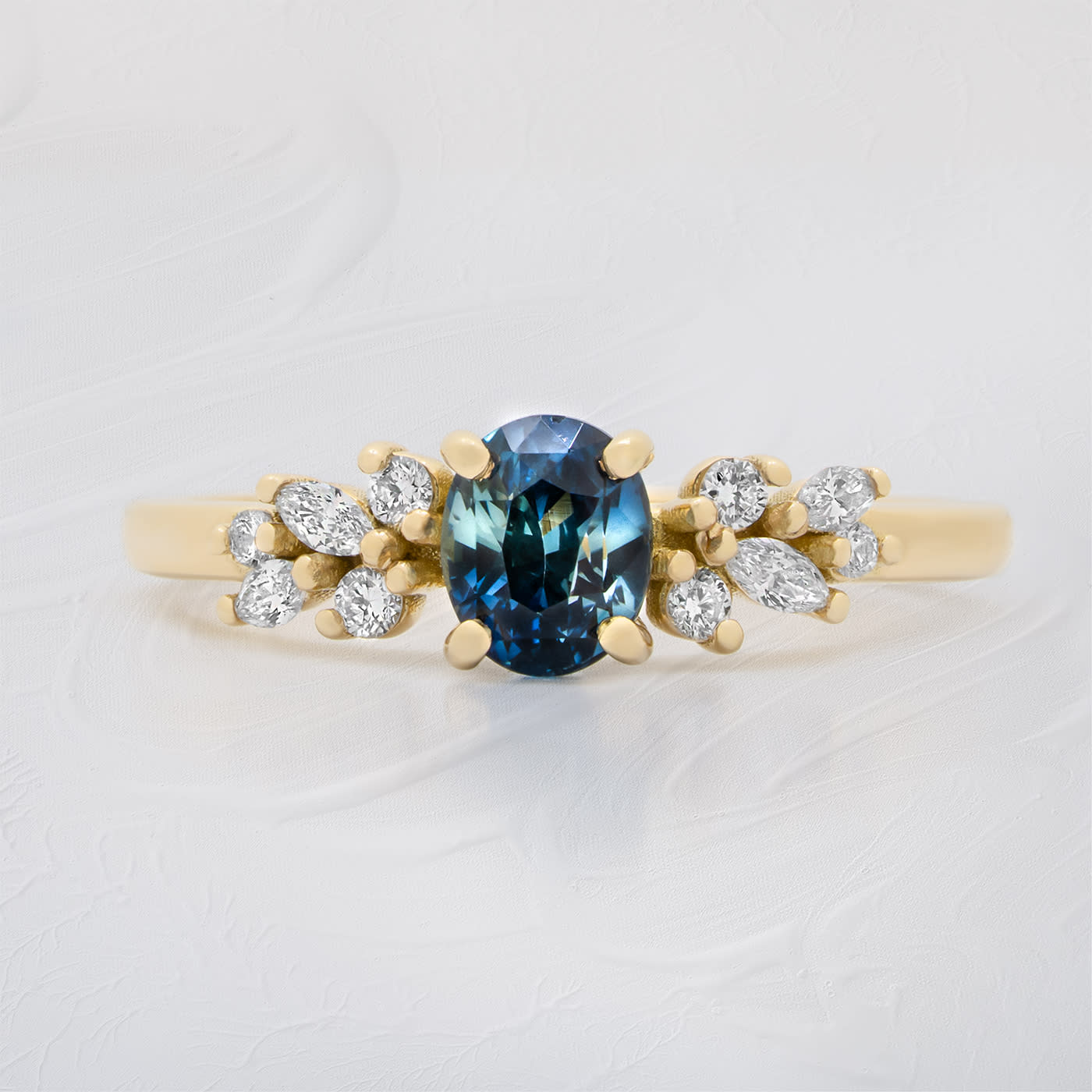 Ocean teal sapphire and diamond floral ring — 1