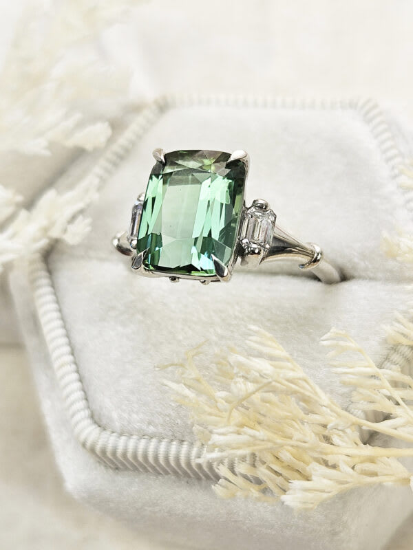 Cushion cut mint tourmaline and diamond antique inspired ring — 4