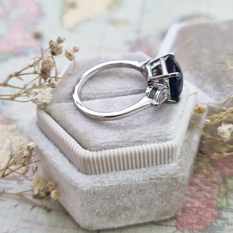Cushion teal sapphire and diamond trilogy ring in platinum — 3
