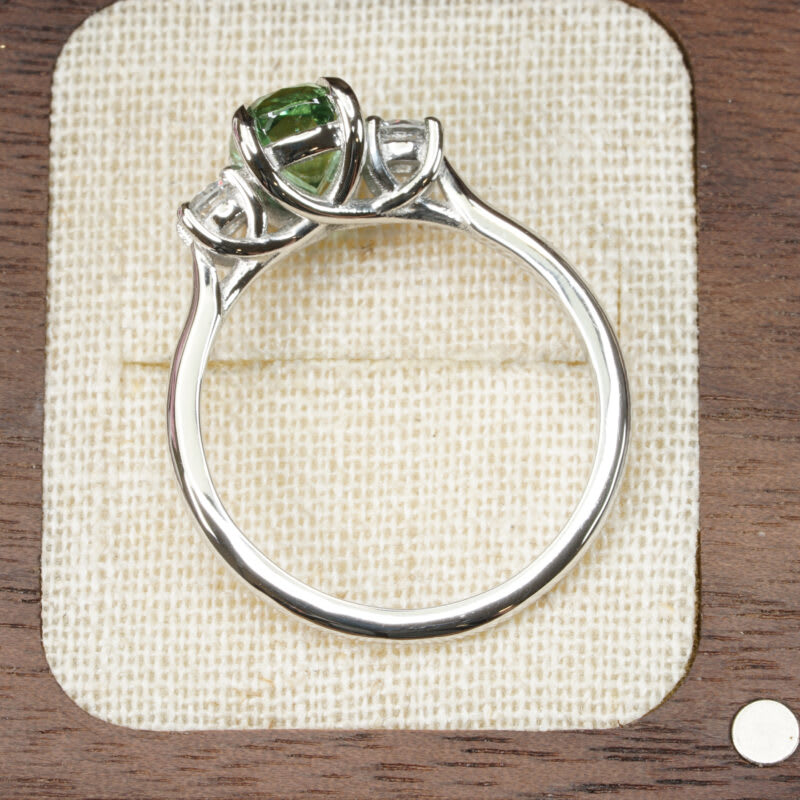 Cushion cut mint tourmaline and diamond trilogy ring — 3