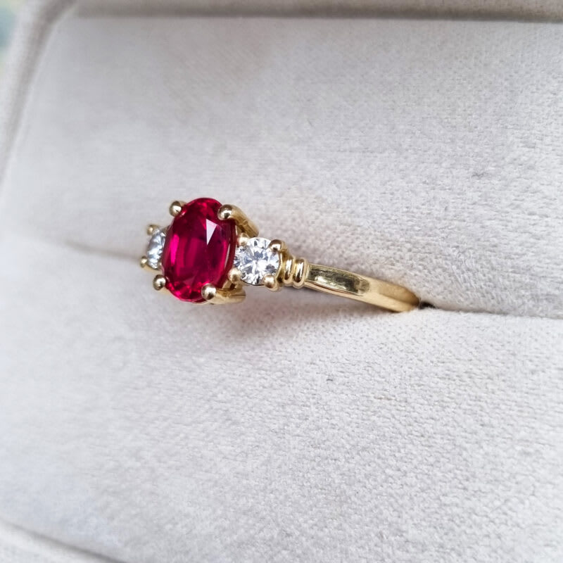 Lab grown ruby and diamond trilogy engagement ring — 5