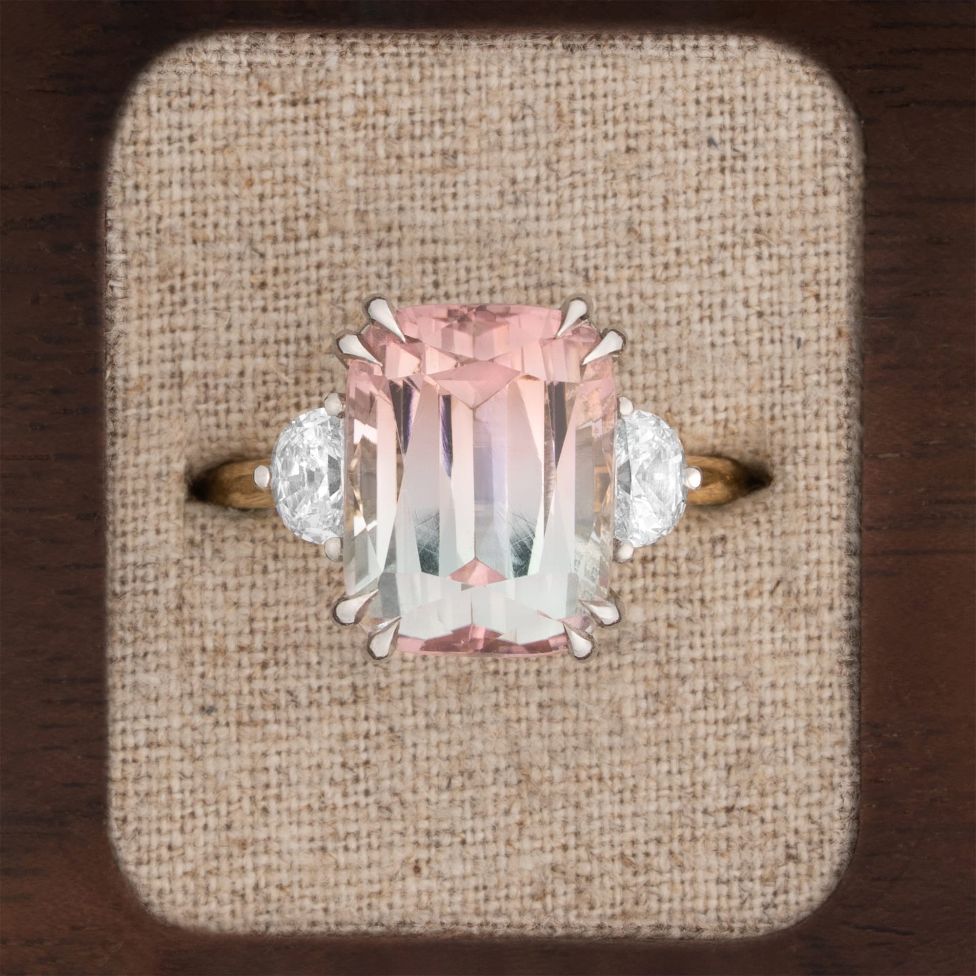 Bi colour cushion cut tourmaline and half moon diamond ring — 1