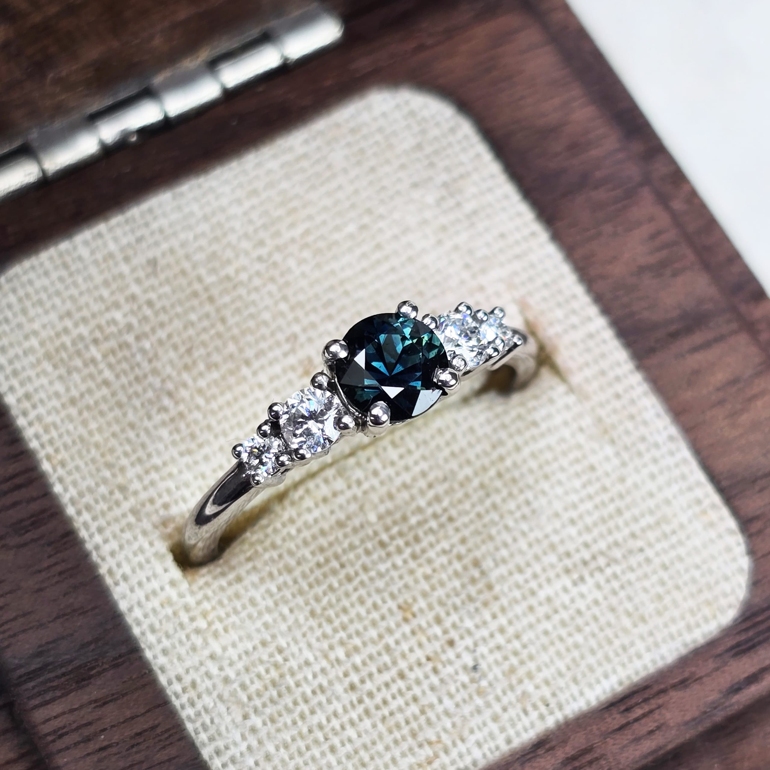 Deep teal sapphire and diamond ring — 1