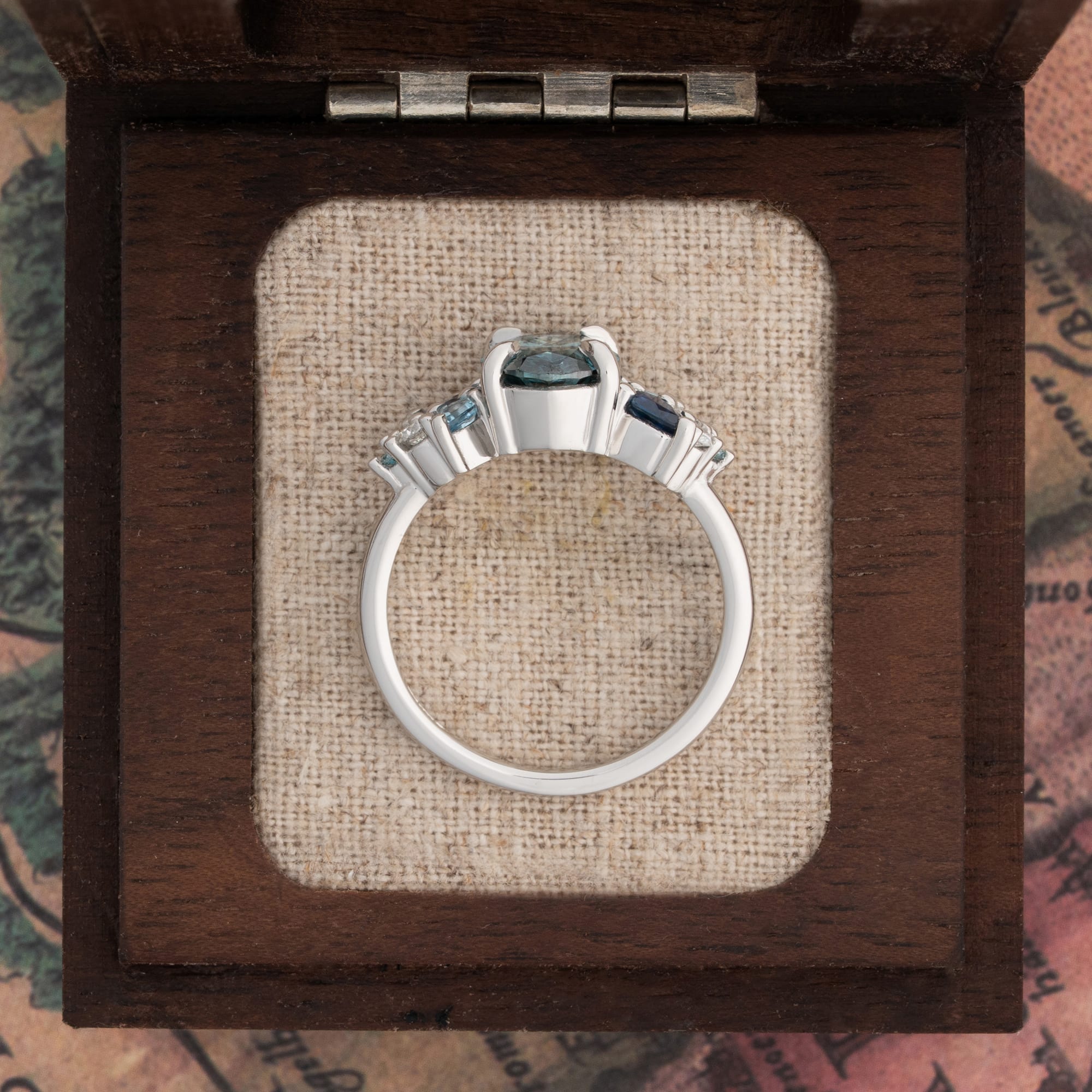'Wildflower' Deep teal diamond, sapphire and aquamarine ring — 3
