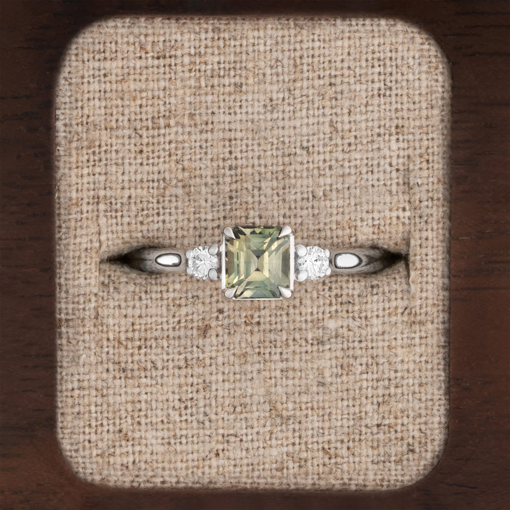 'Emmeline' Emerald cut  green sapphire and diamond trilogy ring — 1