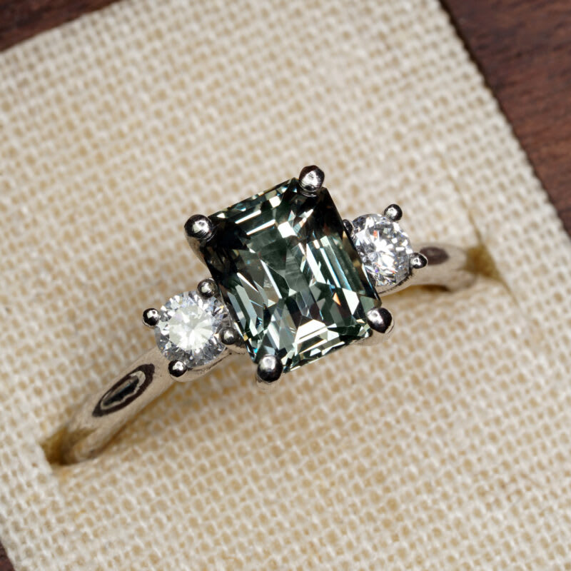 Steely seafoam green sapphire and diamond ring — 1