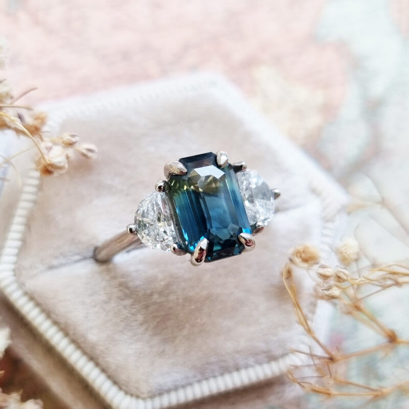 Emerald cut parti sapphire and half moon lab grown diamond ring — 2