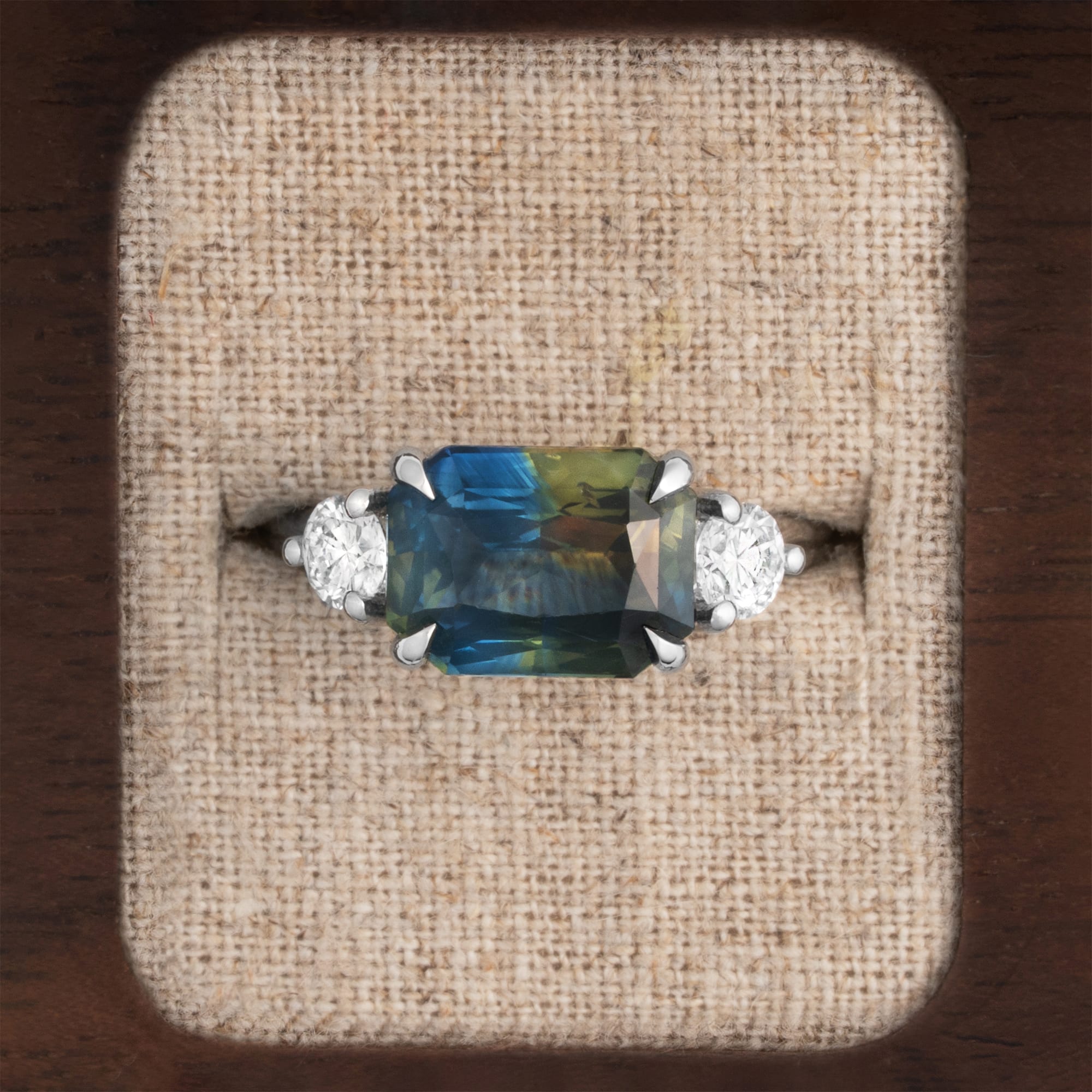 Octagon Bi colour sapphire and diamond trilogy ring  — 8